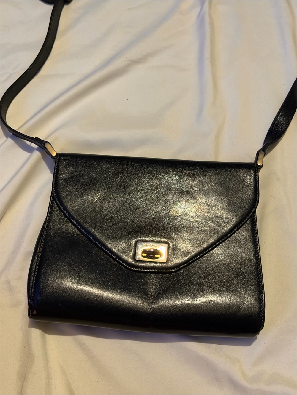 Black Leather Shoulder Bag with Gold Turn-Lock